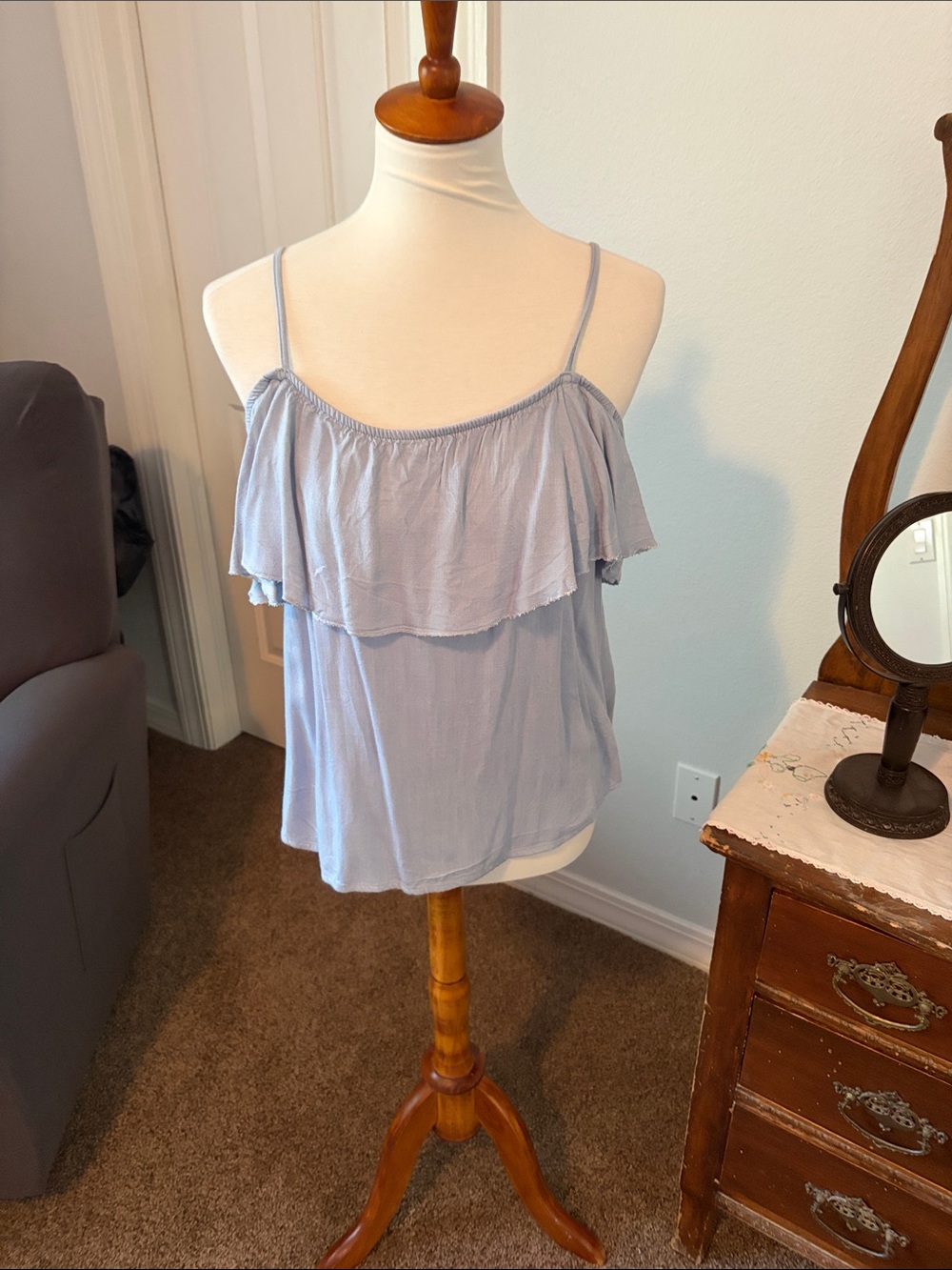 No Boundaries Light Blue Ruffle-Front Spaghetti Strap Tank